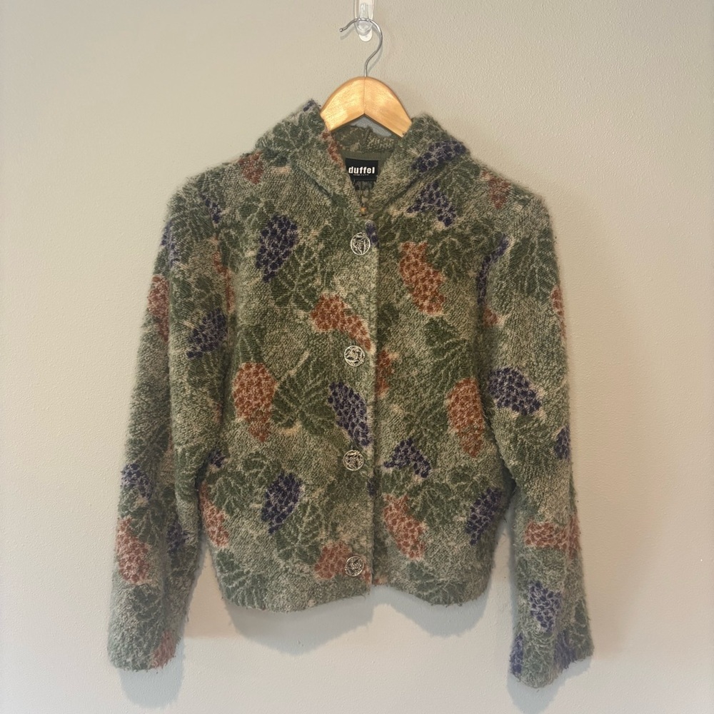 DUFFEL Made in America Long Sleeve Hooded Button Up Grape‎ Print Sweater Small